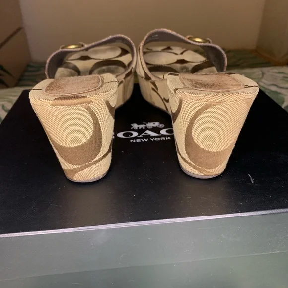 Coach Signature Canvas Tan Wedge Sandals with Gold Accent - Picture 6 of 6